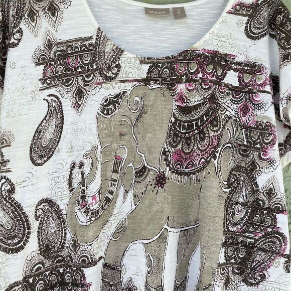 Chico's Women's Paisley Scoop Neck Blouse Size 2 (L) Multicolor Short Sleeve - Picture 4 of 8